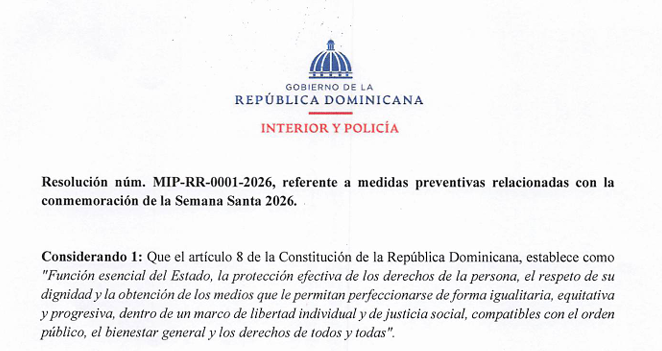 Resolución num. MIP-RR-0001-2026, referente a medidas preventivas relacionadas con la commemoracion de la Semana Santa 2026.